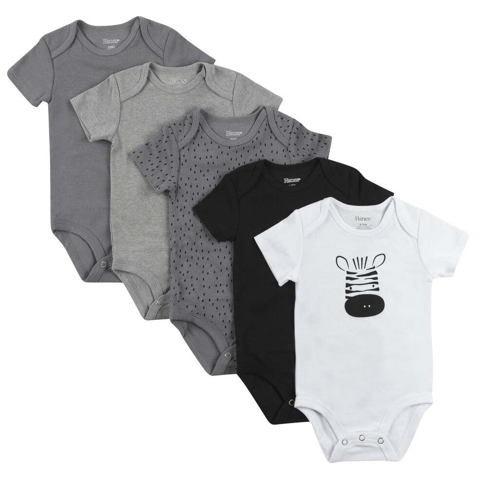 Body Unisex Per Neonati Hanes Ultimate Flexy A Maniche Corte Per Bambini E Bambine, Confezione Da 5, Grigio/Nero, 6-12 Mesi, Usa-image