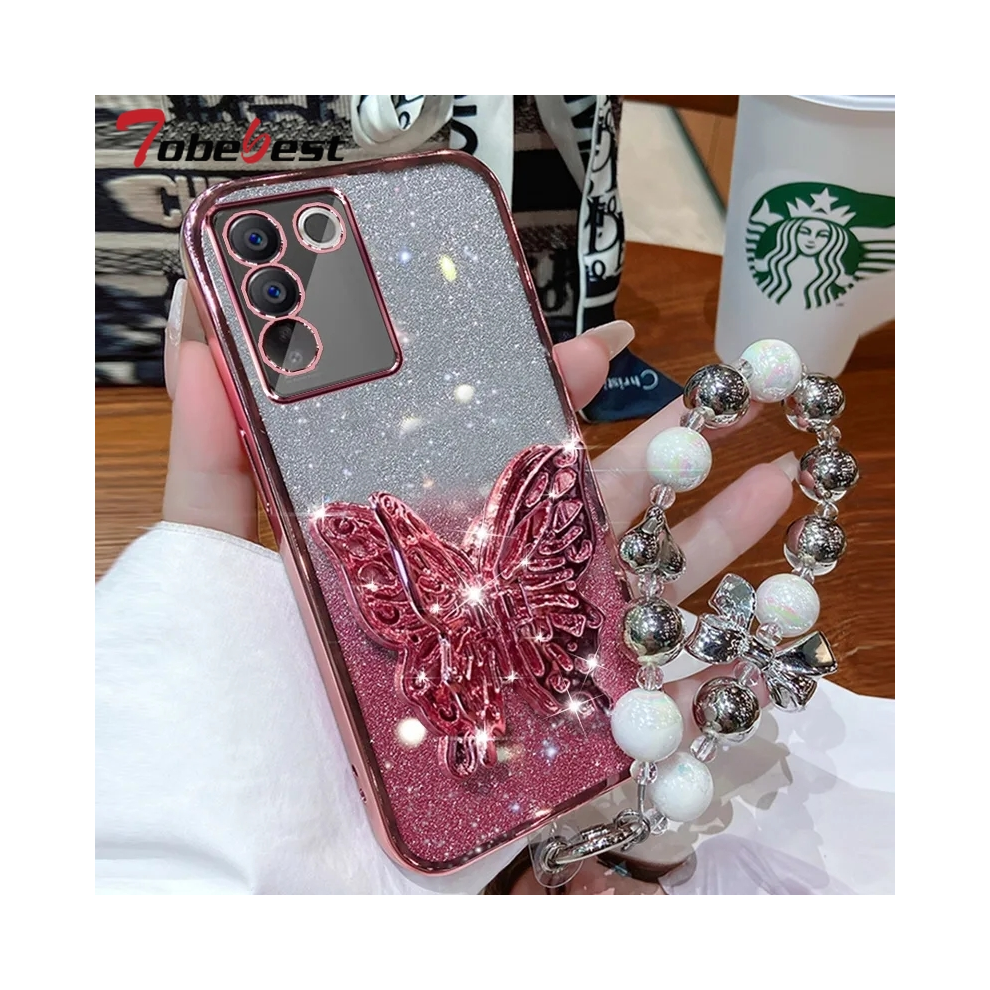 (C, S10) 3D Butterfly Phone Holder Bead Bracelet Glitter Pl 931288247286