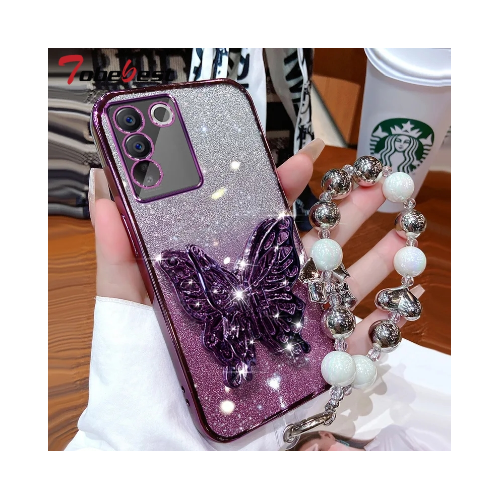 (D, S10) 3D Butterfly Phone Holder Bead Bracelet Glitter Pl 931288247293