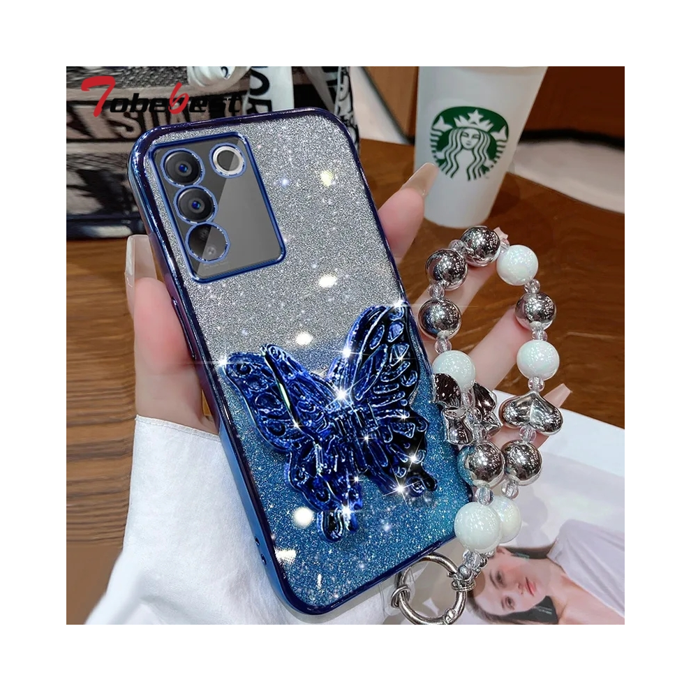 (B, S10) 3D Butterfly Phone Holder Bead Bracelet Glitter Pl 931288247279