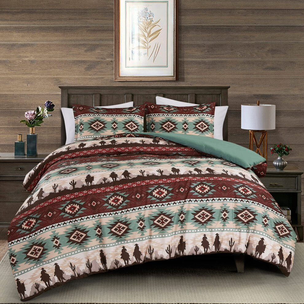 Parure de lit 2 pi   ces Chezmoi Collection Audun, motif azt   que des Cowboys du Sud-Ouest, multicolore, bleu sarcelle, marron, beige, beige, rouge,