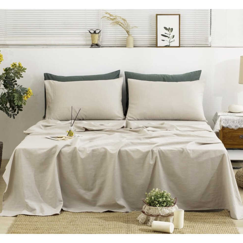 TUMEI Linen Sheets Queen Size-100% Linen Bed Sheets Set Queen Size 4Pcs Washed French Flax Linen Sheets Set with Durable Deep Pocket Fitted Sheet & F