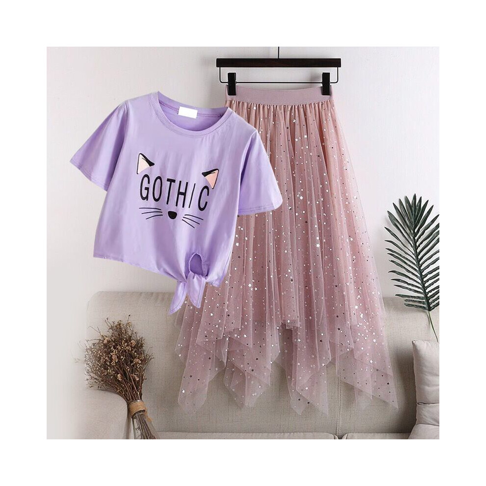 (Purple Tshirt Pink Skirt, 160 85100) Fashionable And Fun Summer Skirt Set For Girls With Delightful Cartoon Prints Perfect For School Play And-image-OPC-PGF75RD-NEW