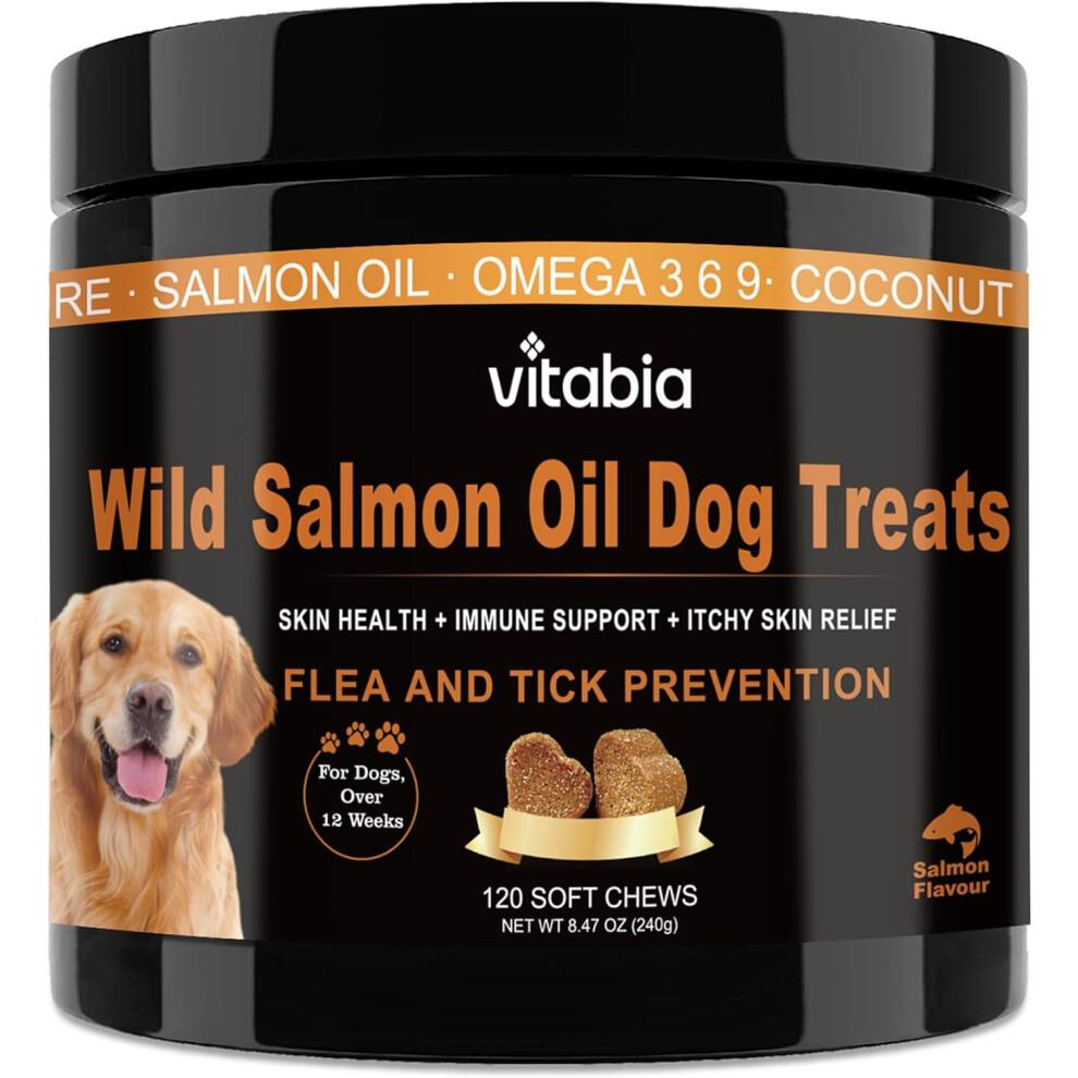 Salmon Oil for Dogs Chews Dog Treats For Itchy Dry Skin, Allergies and Flea Treatment for Dogs With Omega 3 Fish Oil Probiotics for Dogs and Vitamins