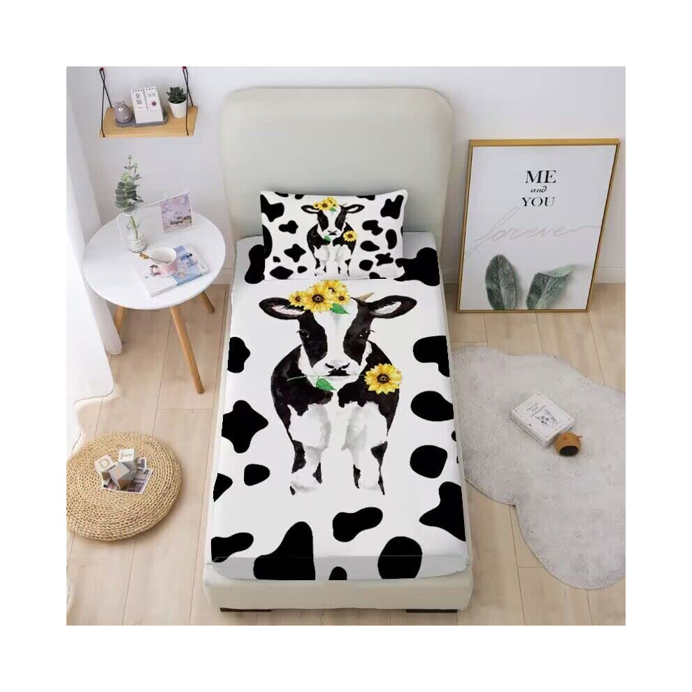 Mkikejoy Parure de lit 2 pi   ces avec drap-housse et taie d'oreiller Motif vache laiti   re Blanc et noir Pour enfants et adolescentes