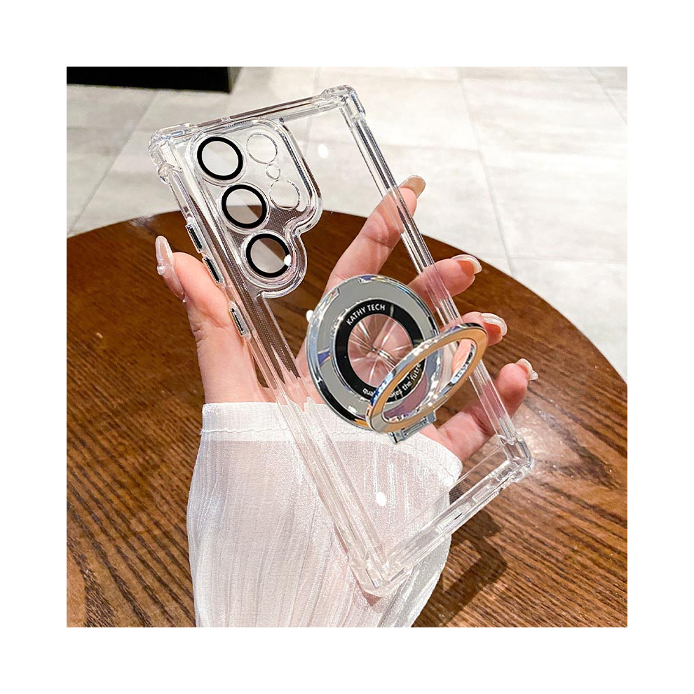 (Clear, For Samsung S23) Luxury Magnetic Plating Stand Shockproof Clear Cas 931288327209