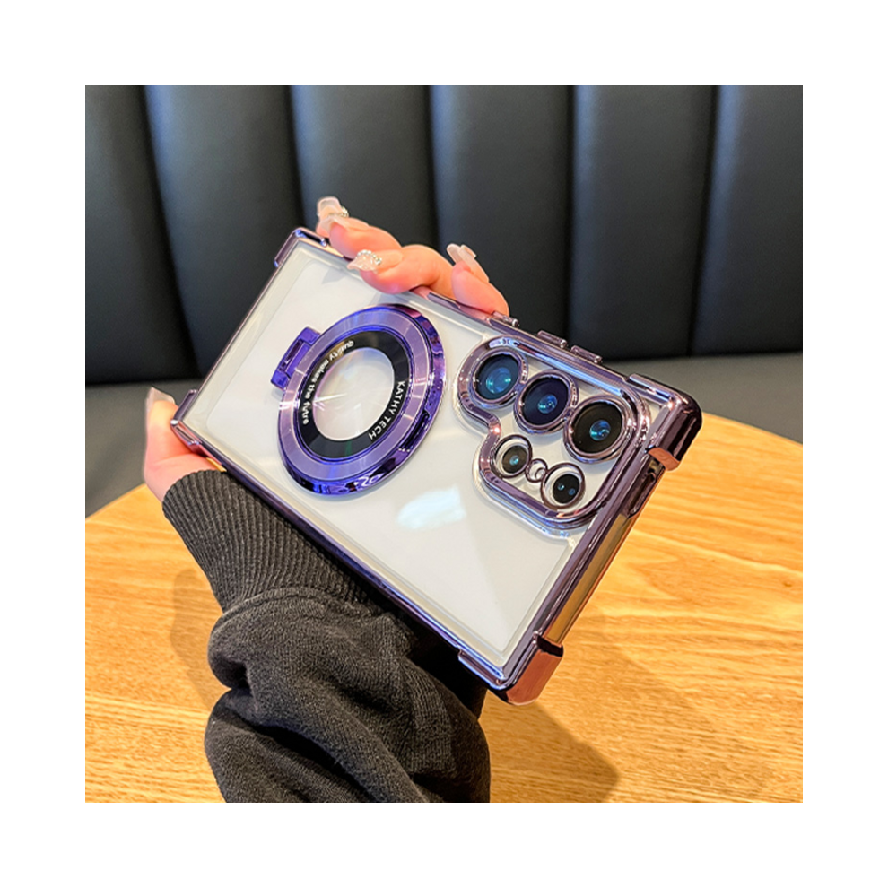(Dark For Samsung S23 Fe) Luxury Magnetic Plating Stand Shockproof Clear Cas Purple 931288327124