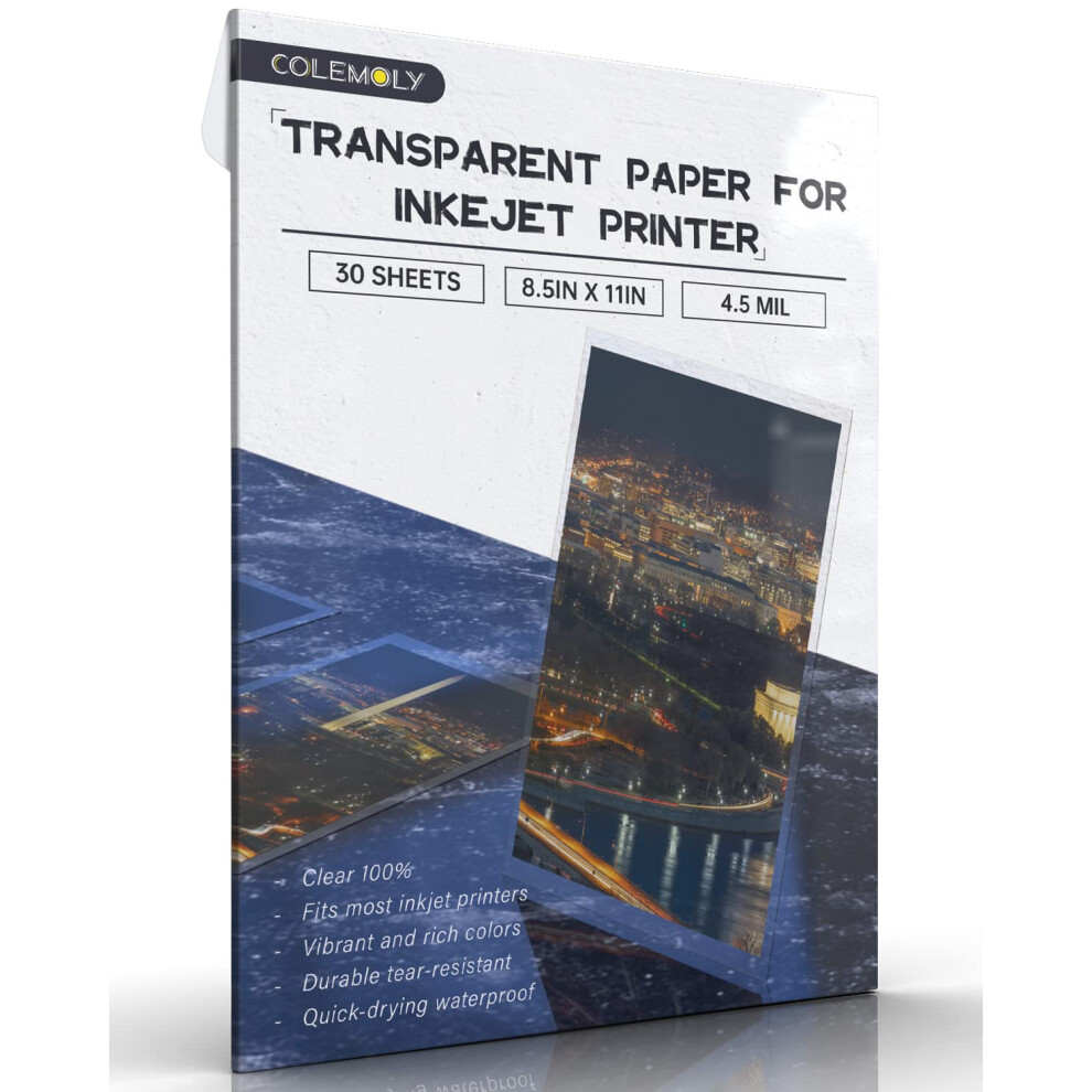 Colemoly 30 Fogli Di Carta Trasparente Per Stampante A Getto D'inchiostro (100% Trasparente), Fogli Di Acetato Trasparente, 21 X 27 Cm, Per Lavori Artigianali, Stampa Premium-image
