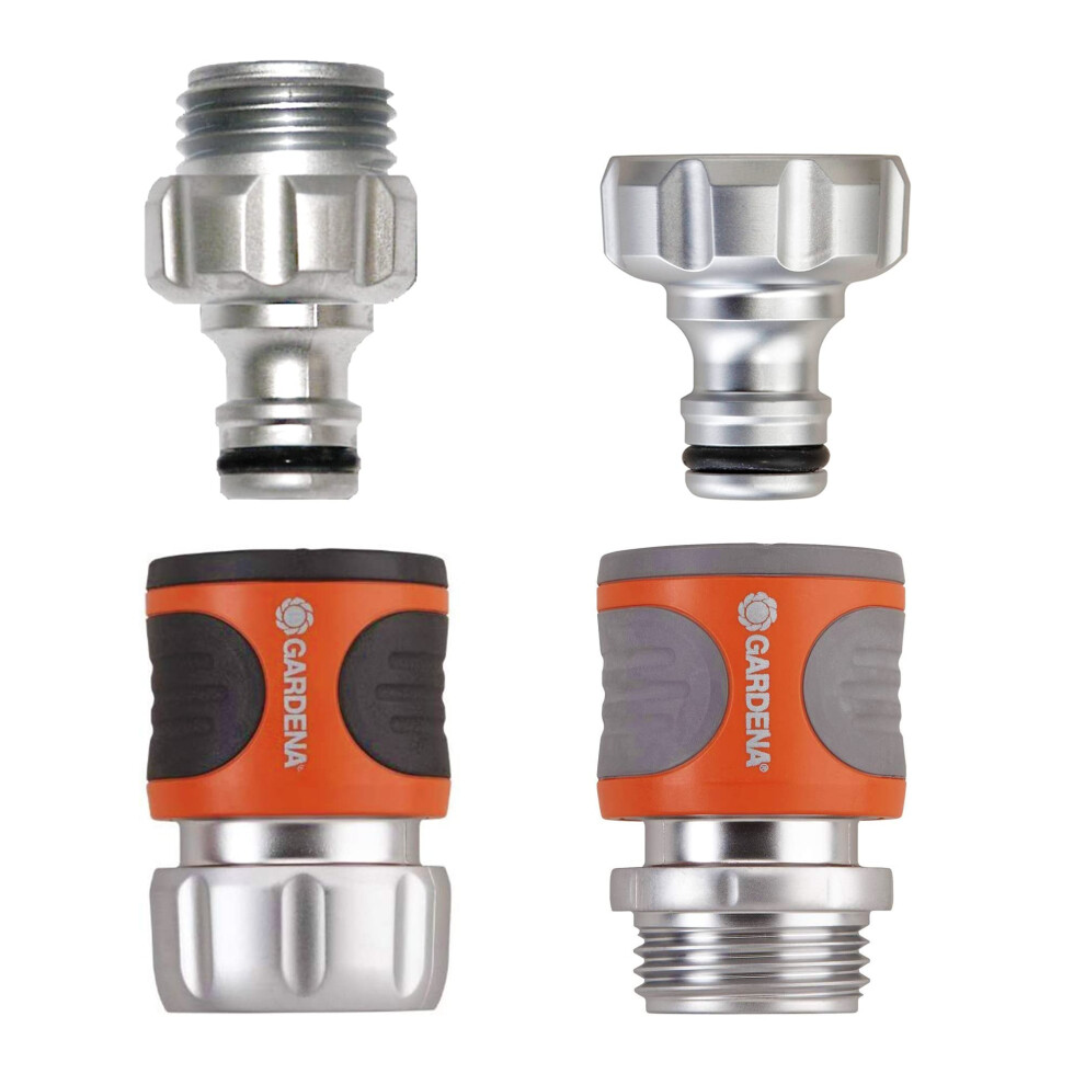 Gardena 39042-M 4 Piece Premium Metal Quick Connector Starter Set  Silver Orange  Grey  Black