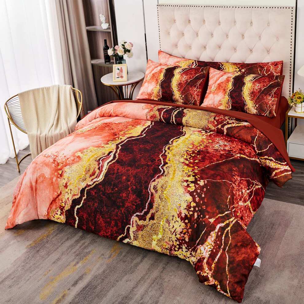 Parure de lit 6 pi   ces Perfectemet en marbre avec housse de couette et draps, style r   tro, orange, douce, r   versible et l   g   re (Orange Full)