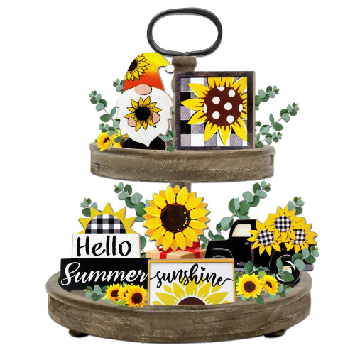 Guoofu Summer Tiered Tray Decor Farmhouse Sunflower Tray Decorations ...