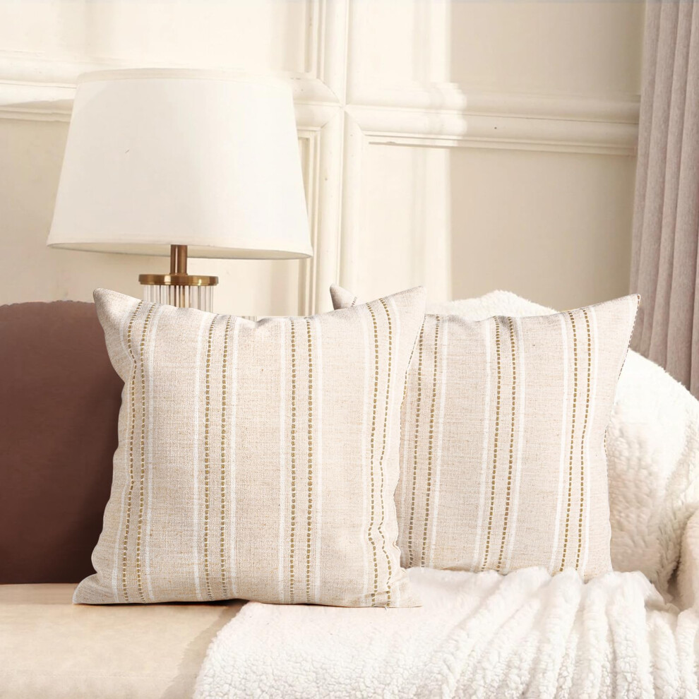 Aels Beige/White/Brown 16X16 Decorative Farmhouse Linen Throw Pillow Covers Boho Textured Pillow Case Set Of 2 With & Stitch Yarn Dyed Stripe Cushi