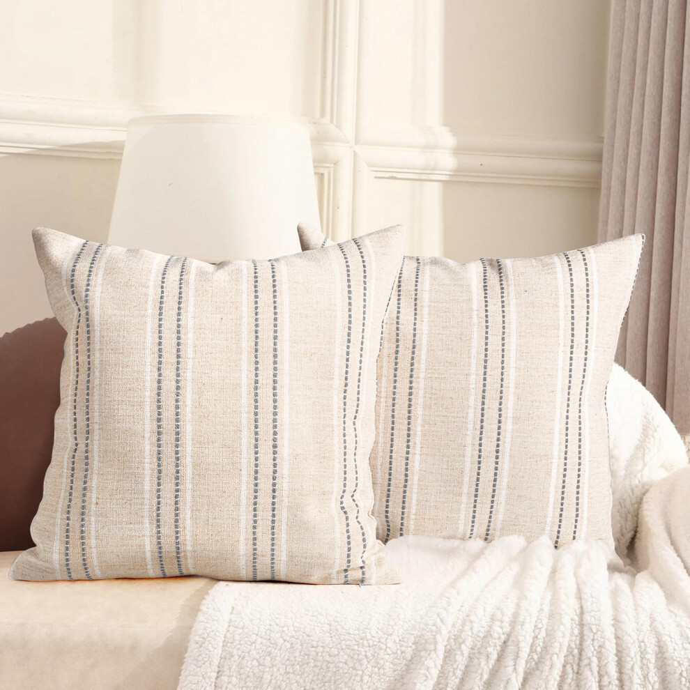 Aels Beige/White/Gray 26X26 Decorative Farmhouse Linen Throw Pillow Covers Boho Textured Pillow Case Set Of 2 With & Stitch Yarn Dyed Stripe Cushio