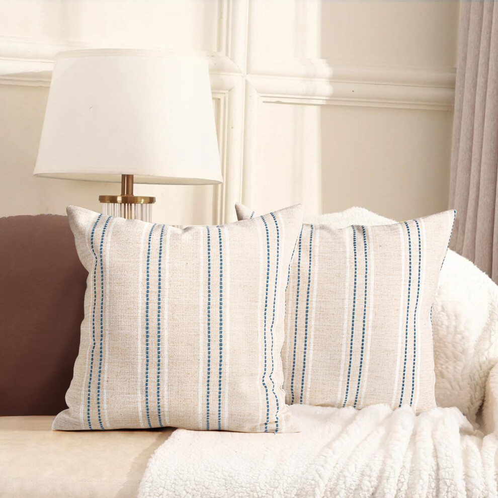 Housses de coussin d  coratives en lin style ferme AELS 40 x 40 cm, lot de 2, motif boh  me textur  , beige, blanc et bleu marine,    rayures teint  e