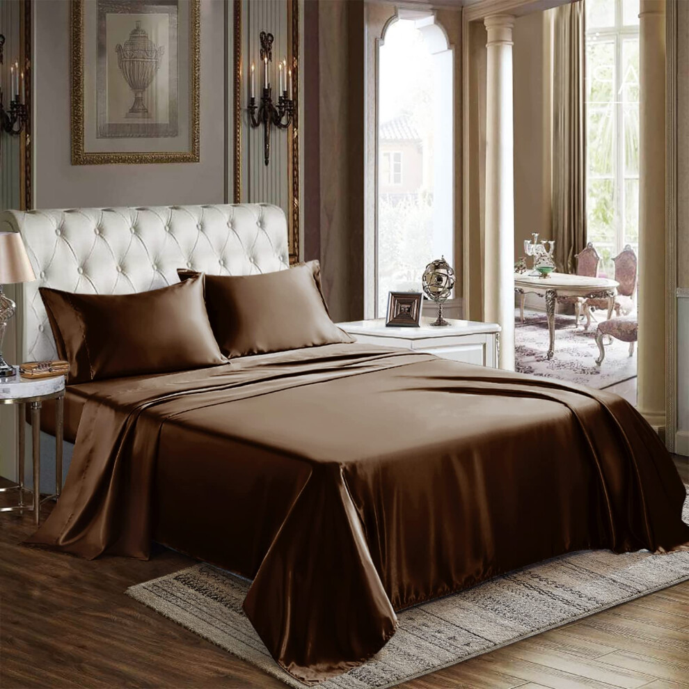 CozyLux Draps en satin King Size - Parure de lit marron 4 pi   ces avec microfibre soyeuse 1 drap-housse     poche profonde, 1 drap plat et 2 taies d