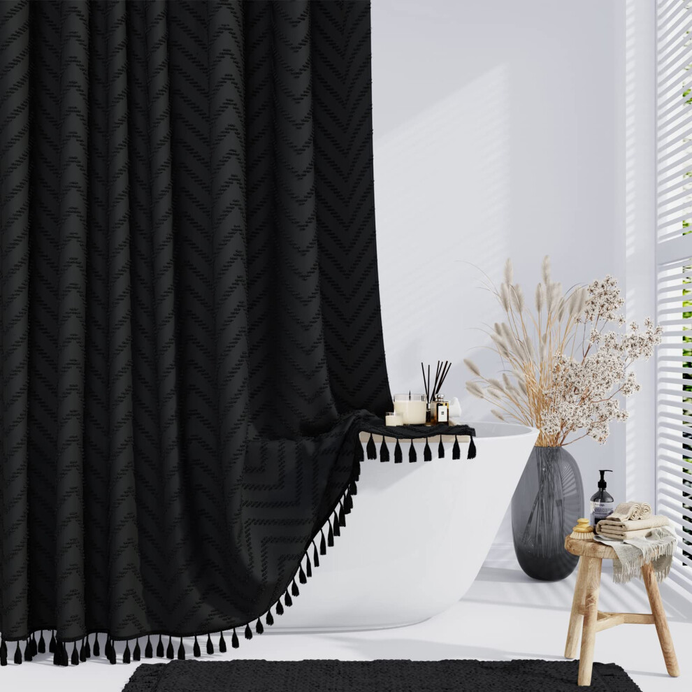 Dynamene Stall Fabric Shower Curtain  60x72 inch Narrow Boho Tufted Chevron Striped Cloth Bathroom Shower Curtain  Weighted Neutral Waterproof Shower