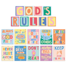 S&O God's Rules 10 parancsolat gyerekeknek poszter- s krtyakszlet - Fnyes s sznes Tzparancsolat fali dekorci - Vasrnapi iskolai dekorci a