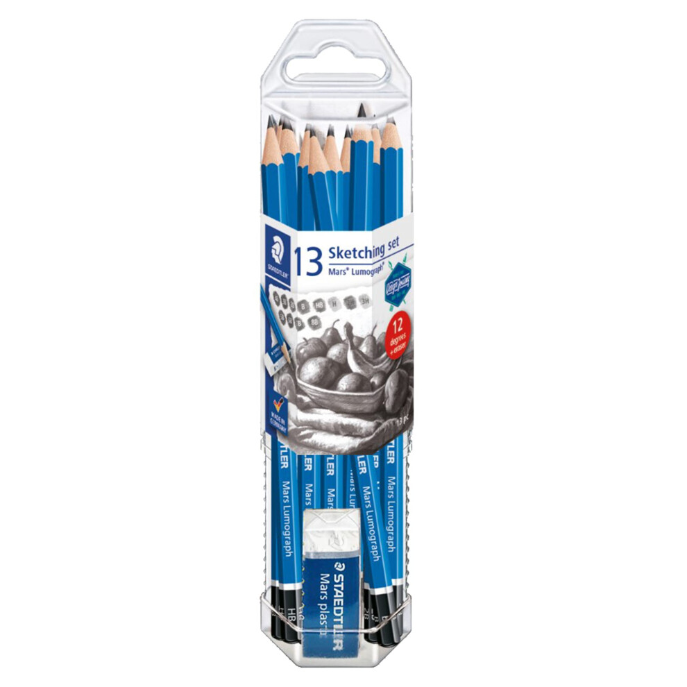 STAEDTLER Mars Lumograph Graphite Artist Pencil Pack  12 Degrees 8B  7B  6B  5B  4B  3B  2B  B  HB  F  H  2H  Mars Plastic Eraser  61 100 P