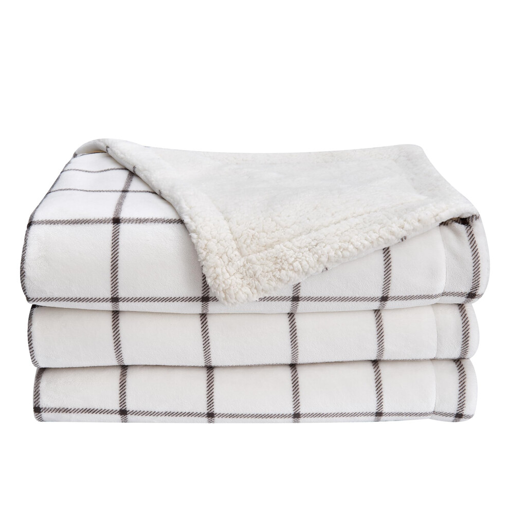 Plaid double Great Bay Home en polaire sherpa et velours,    pais et r   versible,     carreaux gris, pour fauteuil, canap    ou lit.