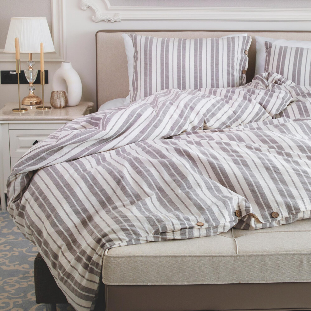 Parure de lit 100 % coton naturel Lavien Home, taille Queen, motif lin ray   , 1 housse de couette et 2 taies d'oreiller, douce et facile d'entreti