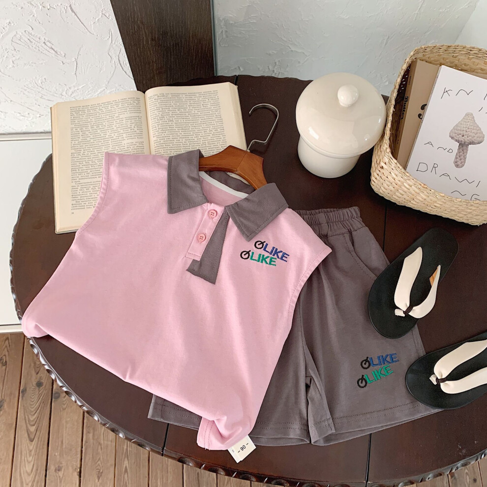 (Pink Gray, 140cm) Clothing Summer Versatile Set For Boys And Girls With Soft Fabric And Polo Shorts-image-OPC-PGF7T6G-NEW