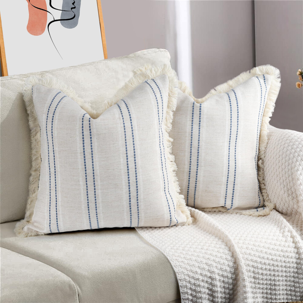 Aels Beige/White/Blue 18X18 Decorative Farmhouse Linen Throw Pillow Covers With Fringe Boho Textured Pillow Case Set Of 2 With & Navy Stitch Yarn Dyed