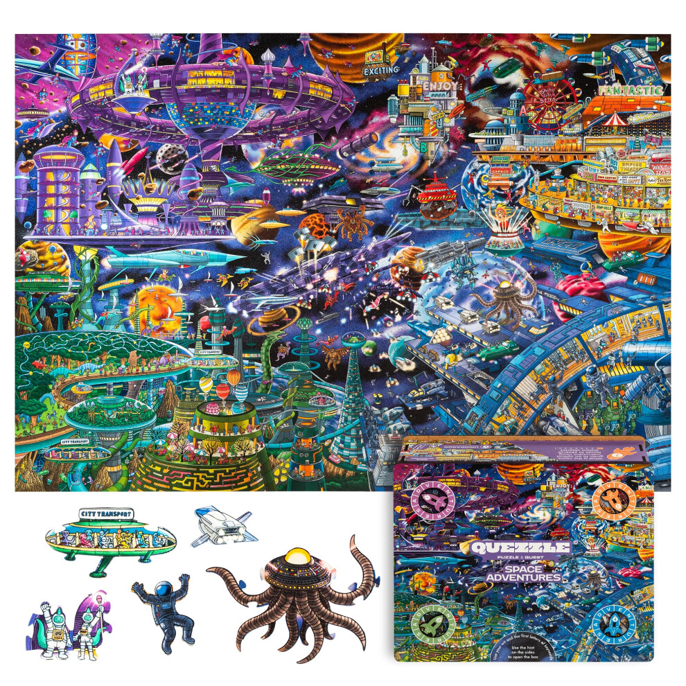UNIDRAGON Original + IC4 Design Wooden Jigsaw Puzzle for Adults and Kids Puzzle Board Game Quezzle Space Adventures Full Pack 1000 Pieces 28