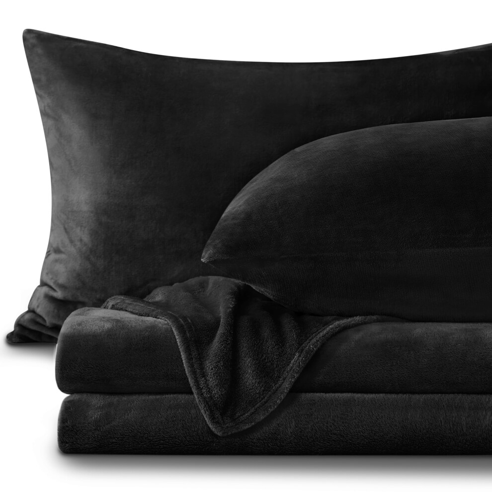 Draps en flanelle BEDELITE taille double noir - Ensemble de draps en polaire ultra doux et moelleux 3 pi   ces (drap-housse, drap plat et taie d'or