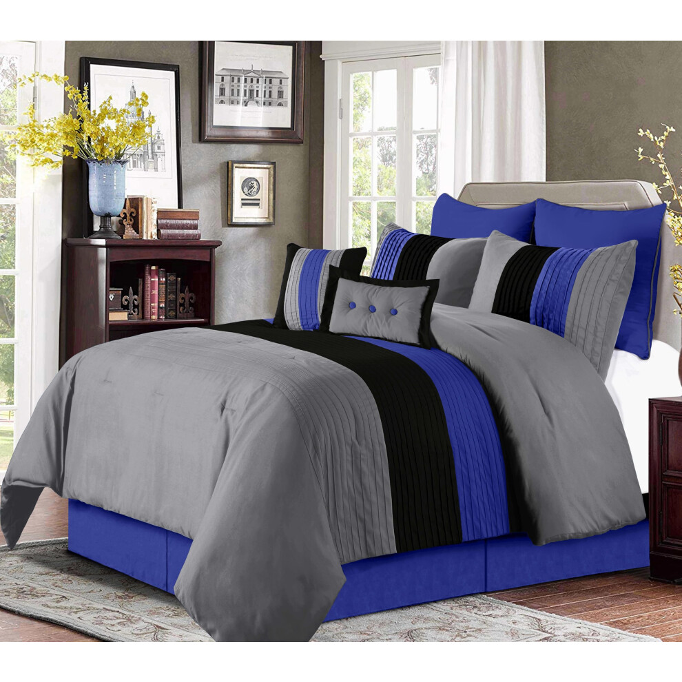 Ensemble De Couette King Size 8 Pi Ces De La Collection Chezmoi Loft, Literie De Luxe Rayures Grises/Bleues/Noires Pour Toutes Les Saisons-image