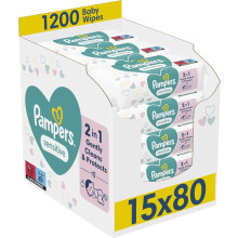 Pampers Sensitive Baby Wipes 15 Packs of 80 = 1200 Baby Wet Wipes, Unscented, For a Soft And Gentle Clean
