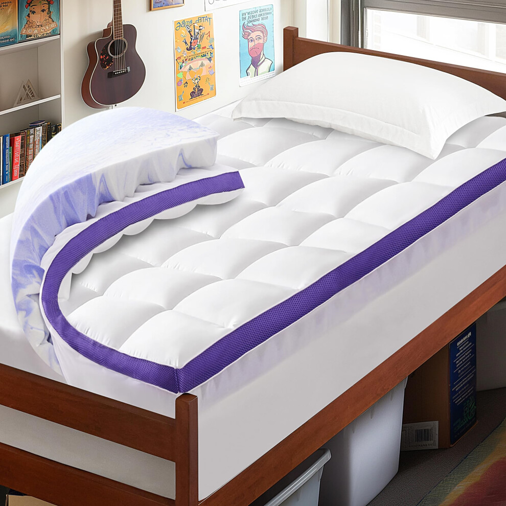 ChiXpace Dual Layer Memory Foam Twin XL Mattress Topper - 2 Inch Gel Egg Crate Foam and 2 Inch Cooling Pillow Top Cover Rayon Twin Extra Long College