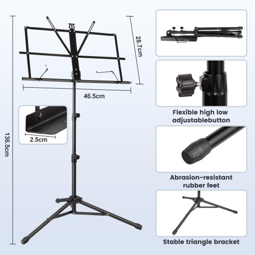 Musikstativ til ark sammenfoldelig med bærepose Ny bi metal noder Stand bærbart justerbar podiumstativ med stativbase og noder mappe - sort 2