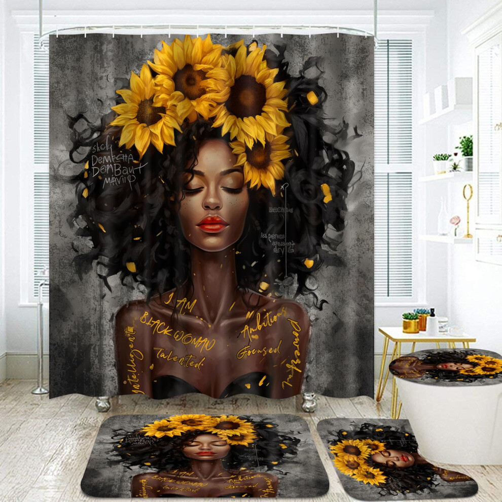 Omebero Lot de 4 rideaux de douche Queen noirs tournesol Ensembles de salle de bain romantiques afro-am  ricains avec rideau de douche et tapis Housse