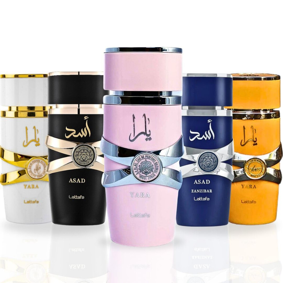Lattafa Yara Collection 5 Piece Set - Yara  Yara Moi  Yara Tous  Asad  Asad Zanzibar - Eau De Parfum Sprays 100ML 3.4 OZ