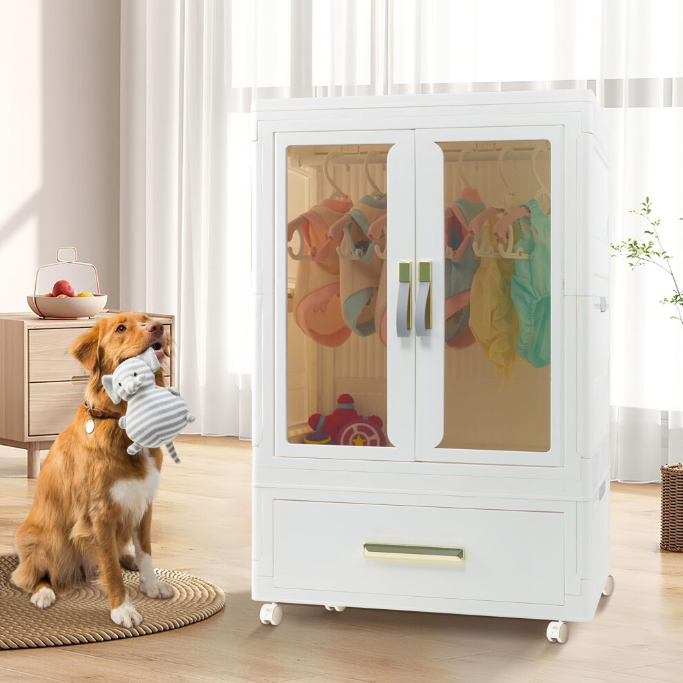QudraKast Armoire pour animaux de compagnie et chien - Bacs de rangement empilables avec portes, roulettes et tringles de suspension - Tiroirs empilab