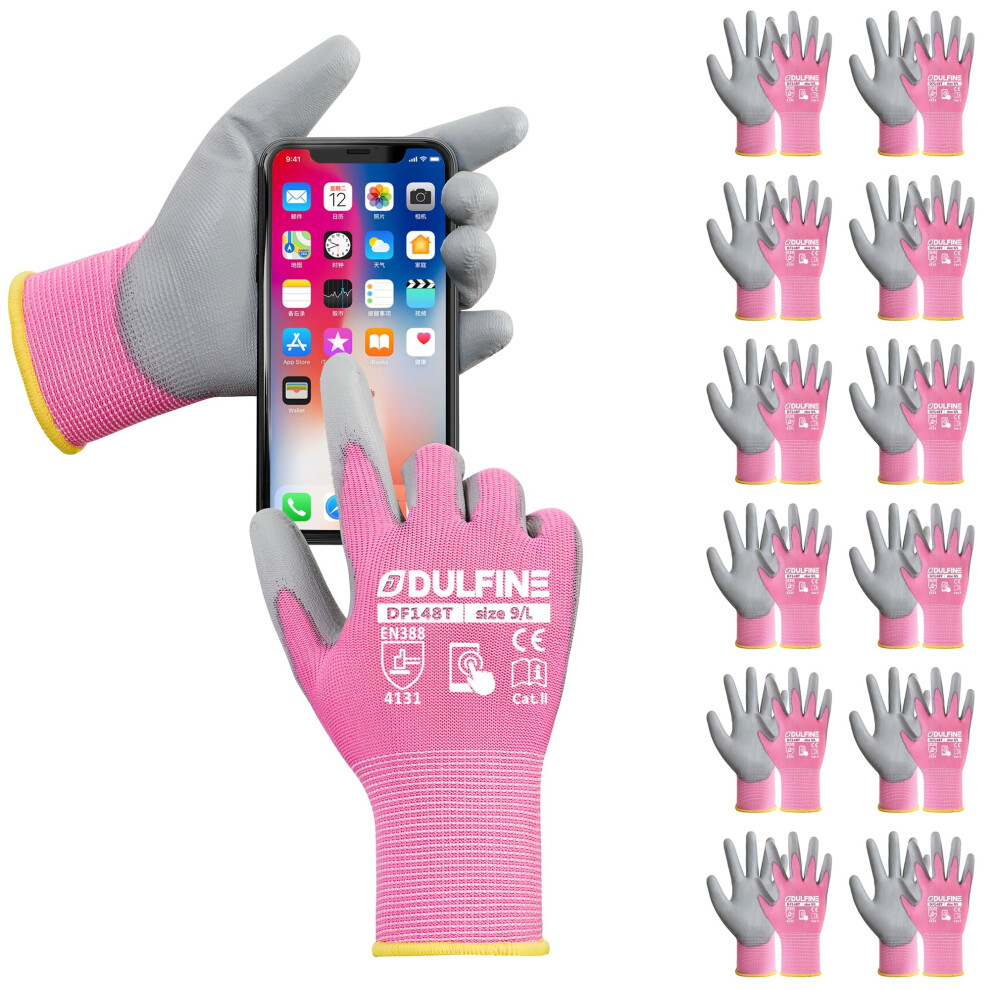 Dulfine Work Gloves For Men Pu Coated 12 Pairs Bulk Pack Pink Seamless Knit Glove With Thin Polyurethane Two Finger Touchscreen For Men And Women Id 6977654010256