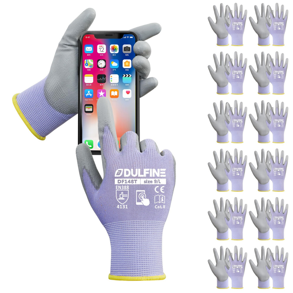 Dulfine Work Gloves For Men Pu Coated 12 Pairs Bulk Pack Purple Seamless Knit Glove With Thin Polyurethane Two Finger Touchscreen For Men And Women 6977654010379