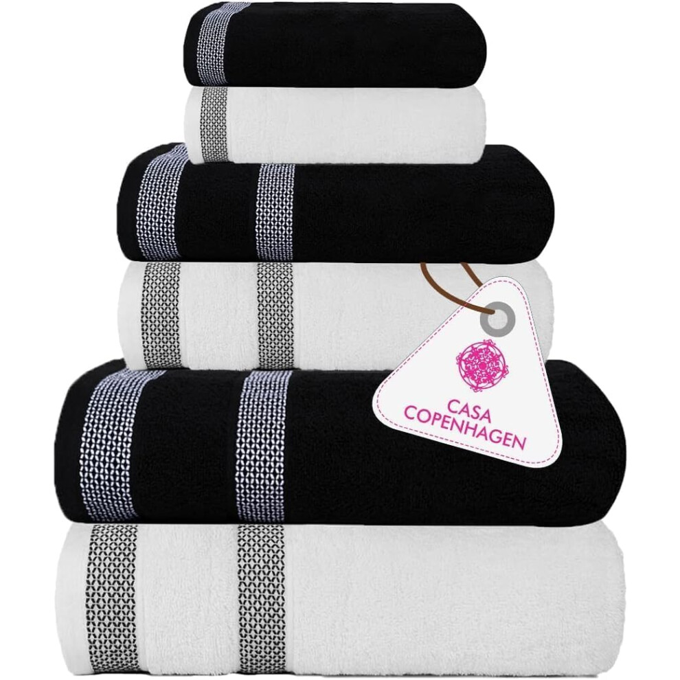 CASA COPENHAGEN Solitaire Mix Ensemble de 6 serviettes - Blanc + Noir de jais 600 g/m    2 serviettes de bain 2 essuie-mains 2 d   barbouillettes Con