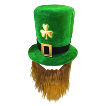 Chapeau de lutin vert pour homme, motif trèfle, avec décoration de barbe et accessoires pour moustache.