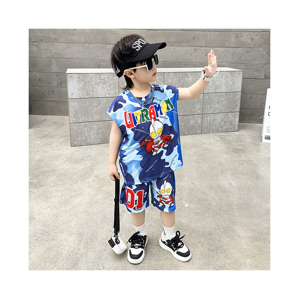 (Blue, 130cm) Ultraman Stylish Boys Summer Two Piece Set Casual Cotton Vest Outfit Shorts And-image-OPC-PGF9659-NEW