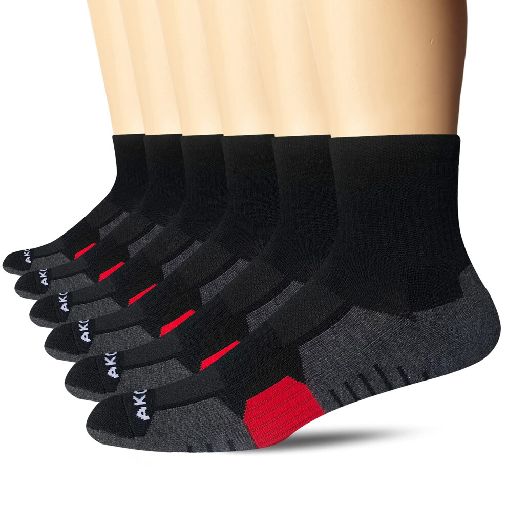 AKOENY Men's Ankle Athletic Cushioned Quarter Socks Black Size 9-12 6 Pack