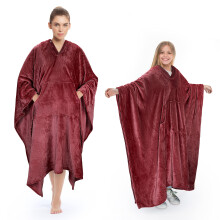 Poncho Blanket Comfy Plush Fleece Wearable Blanket for Adult Women Men Kids Throw Wrap Cover Indoors or Outdoors  55''x 80'' Wine