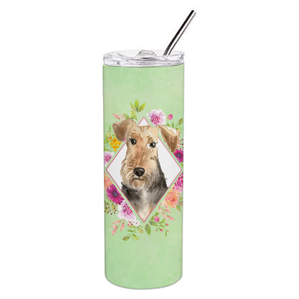Vasos De Viaje Delgados Con Aislamiento De Acero Inoxidable De Doble Pared De 20 Oz, Dise O De Airedale Terrier Con Flores Verdes De Caroline's T-image