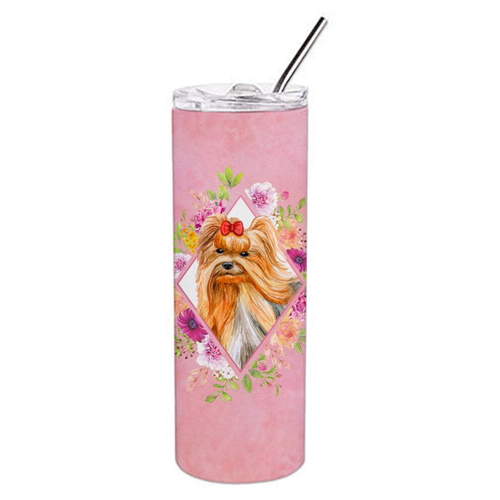 Caroline's Treasures Yorkshire Terrier #2 Gobelet Isotherme De Voyage Double Paroi En Acier Inoxydable, Motif Fleurs Roses, 590 Ml, Multicolore-image