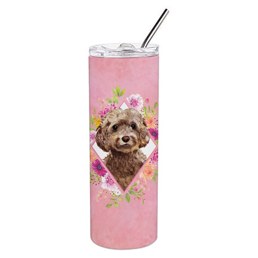 Gobelet Isotherme De Voyage Fin En Acier Inoxydable Double Paroi, Motif Cockapoo En Chocolat Et Fleurs Roses, 590 Ml, Multicolore, Caroline's T-image