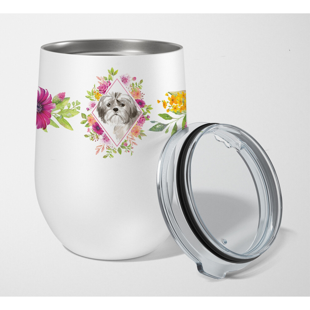 ""Caroline's Treasures Shih Tzu Puppy Roze Bloemen Roestvrijstalen 12 Oz Steelloos Wijnglas Reis-Isolerende Tumblers Multicolor""-image