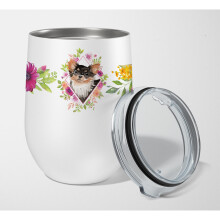 """"Caroline's Treasures Hosszszoru Chihuahua Pink Flowers Rozsdamentes acl 12 oz Stemless Wine Pohr utazsi szigetelt pohr tbbsznu""""