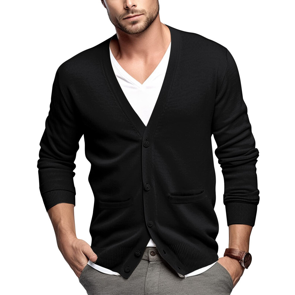 Cardigan Nero Da Uomo Qualfort, Casual, Con Scollo A V, Abbottonato, 100% Cotone, Con Tasche, Nero, Taglia 3XL-image