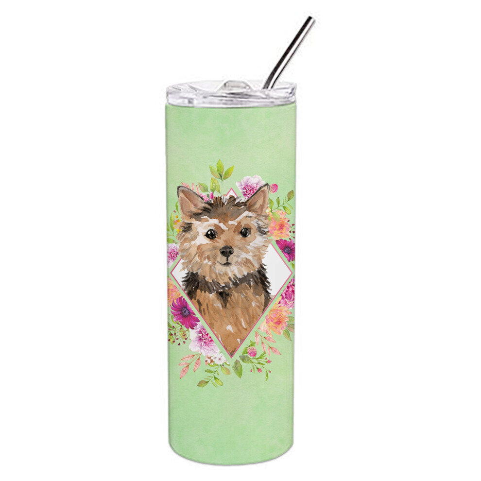 Vasos T Rmicos De Viaje Delgados De Acero Inoxidable De Doble Pared De 20 Oz Con Dise O De Norwich Terrier Y Flores Verdes De Caroline's Treasure-image