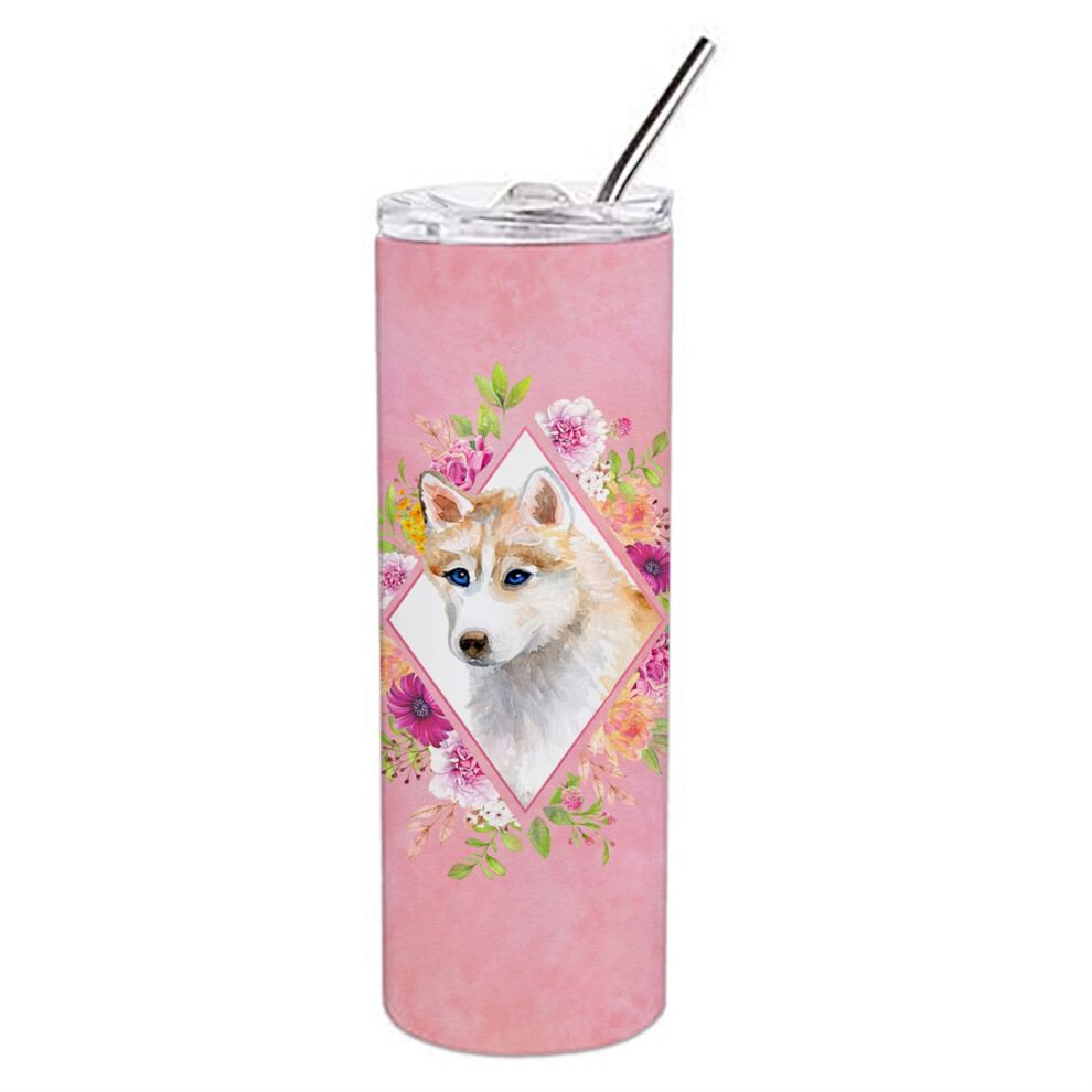 Caroline's Treasures Gobelet Isotherme De Voyage Fin Double Paroi En Acier Inoxydable, Motif Husky De Sib Rie Rouge Et Fleurs Roses, 590 Ml, Mu-image